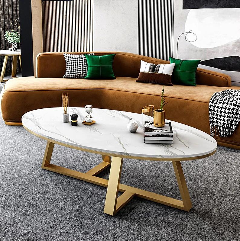 Serina Oval Sintered Stone top Coffee Table/ Golden coloured legs/steel frame