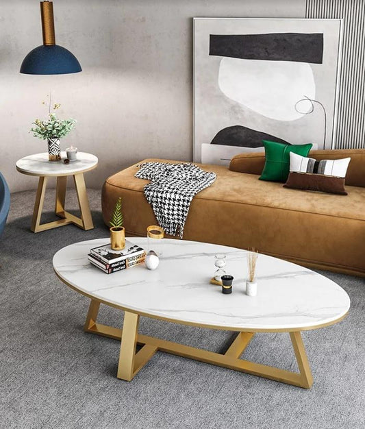 Serina Oval Sintered Stone top Coffee Table/ Golden coloured legs/steel frame