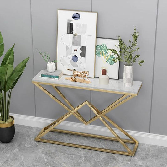 Francis White and Gold Ceramic Console table/ Ceramic tabletop/ Golden powder-coated metal legs/Mordern