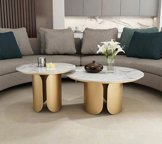 Tiara 2-piece/ Nesting Coffee Table/Sintered Stone Table Top/Golden powder-coated steel legs