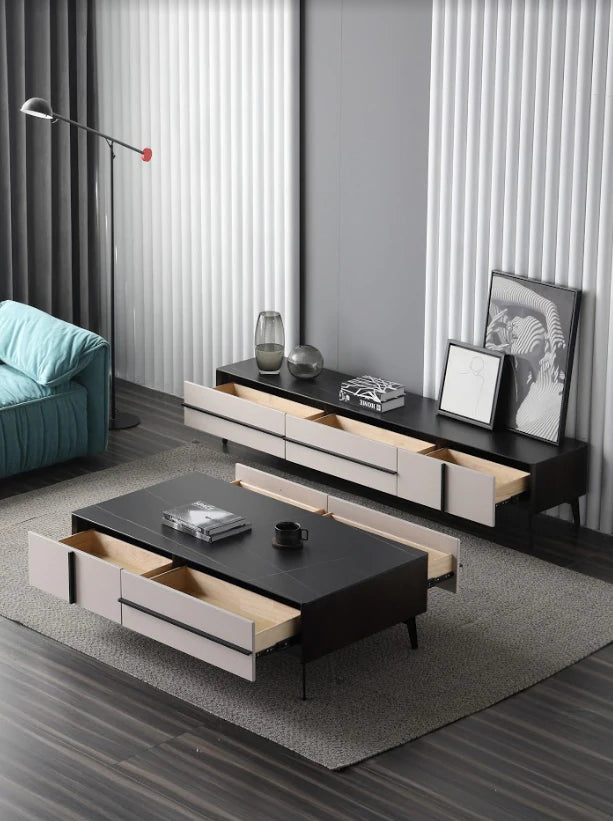 AMELIA Mordern Minimalistic/ Entertainment TV Unit-200cm Ceramic Top White/Black /MDF &amp; Metal