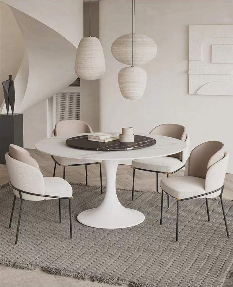 Solana White Sintered Stone Round Dining Table with Lazy Susan