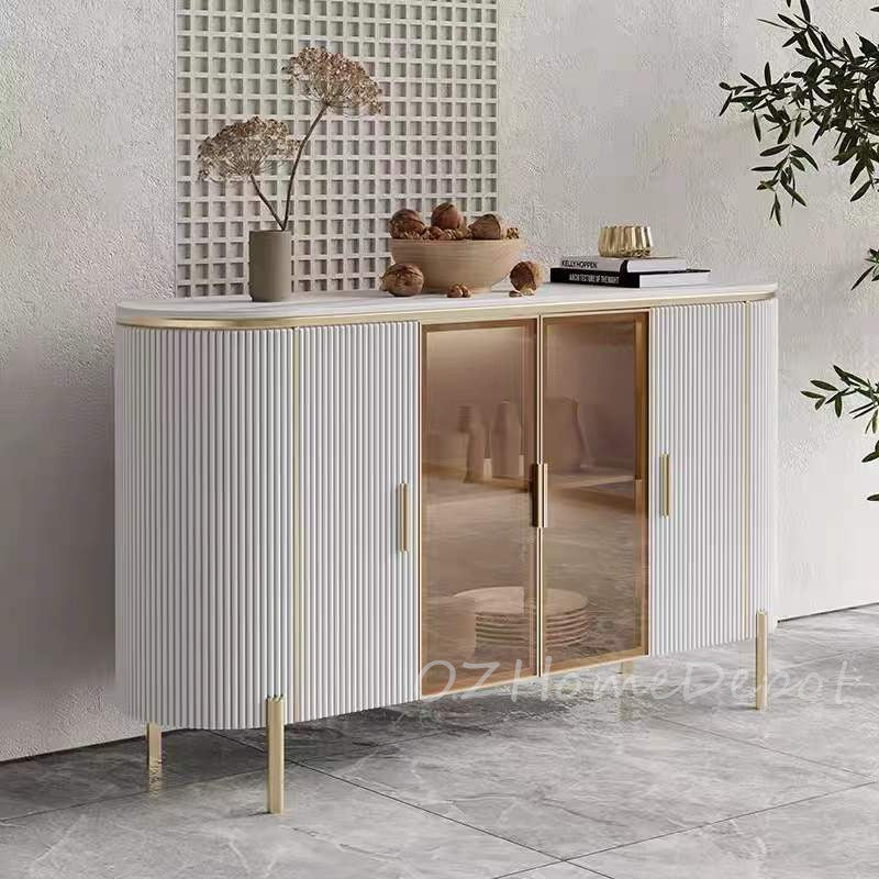 Dracone Buffet Sideboard Cabinet/ Cultured Marble Top/wood/solied timber/White&Gold colored