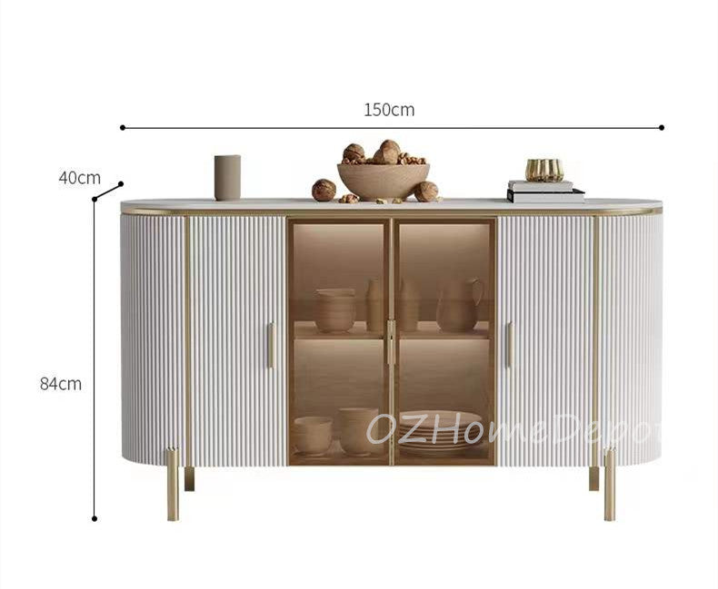 Dracone Buffet Sideboard Cabinet/ Cultured Marble Top/wood/solied timber/White&Gold colored