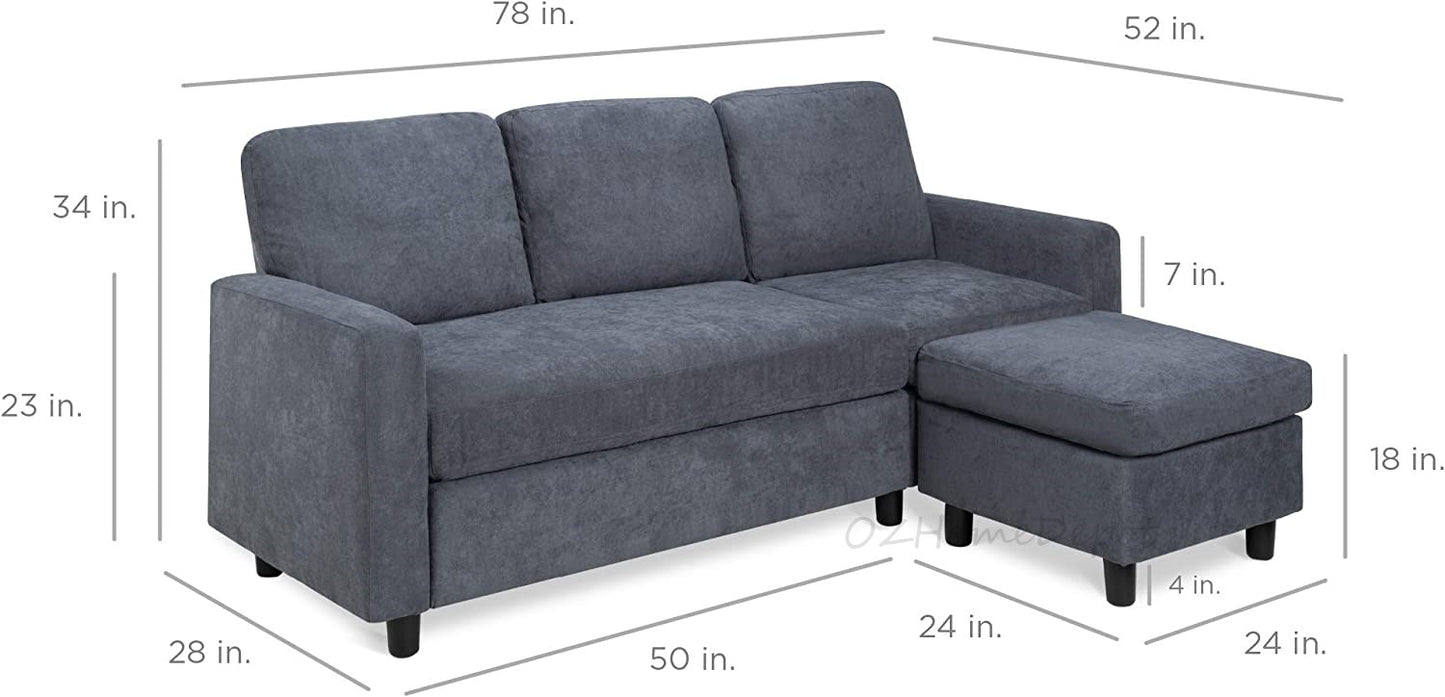 Linen Fabric 3-Seat Modular Sofa Grey With Ottoman | Reversible Ottoman | L Shape Sofa