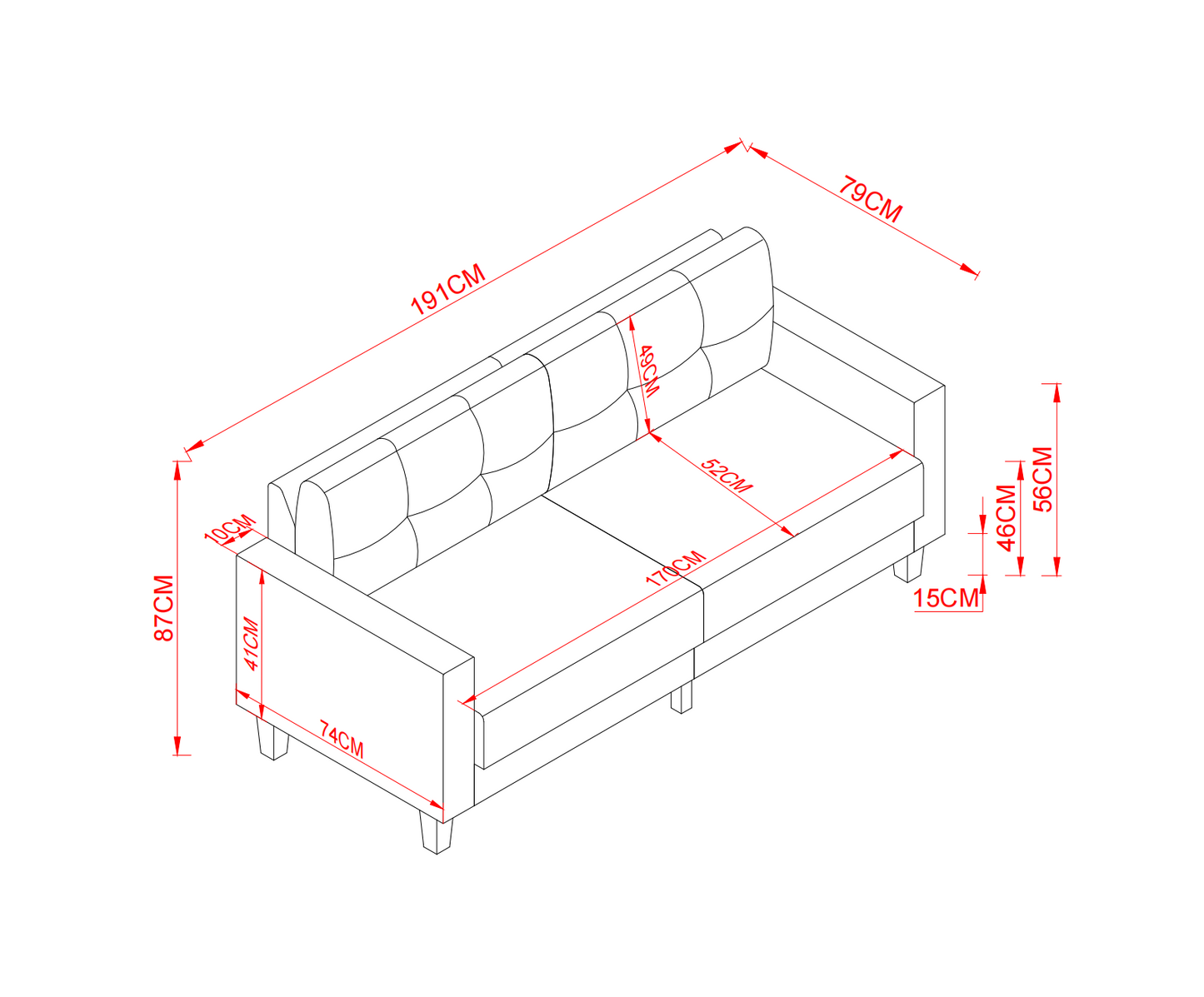 WEDGE 2 Seat Fabric Sofa | Multi-color | Miniminal Design | Small Size | Apartment Sofa