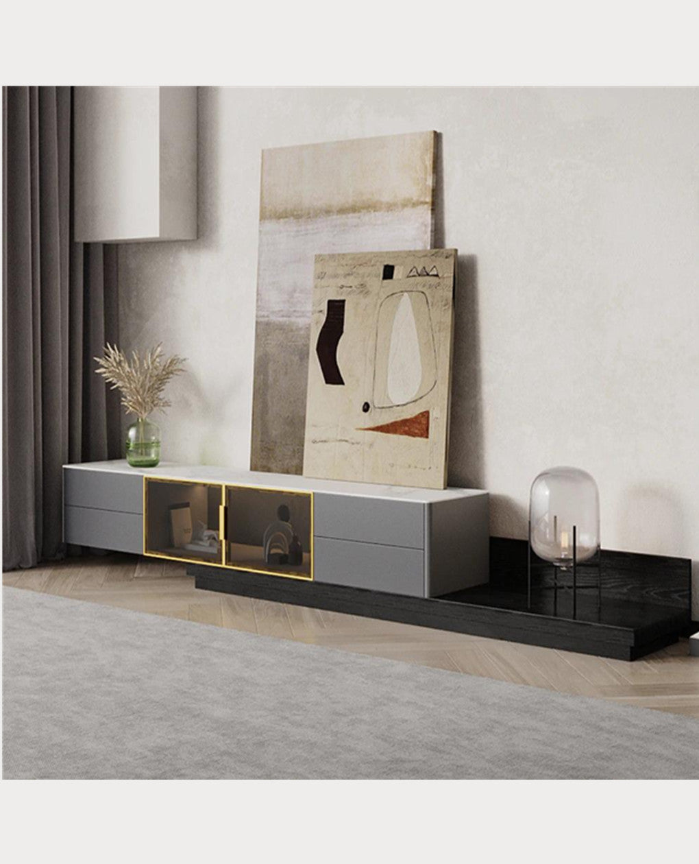 Rosina Sintered Stone Matte white Top Extendable Entertainment Unit/TV Stand/Sintered Stone top/ black painted metal legs/ MDF shelves and cabinets