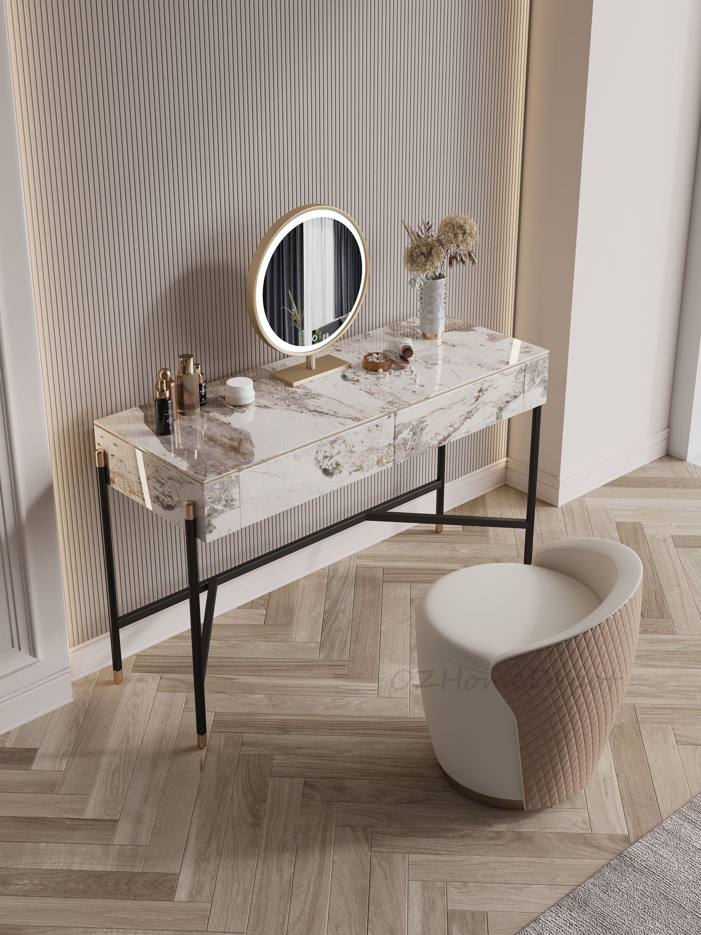 Arna Ceramic Vanity Table with Stool and LED Mirror/vanity table/Dressing Table with mirror and drawers