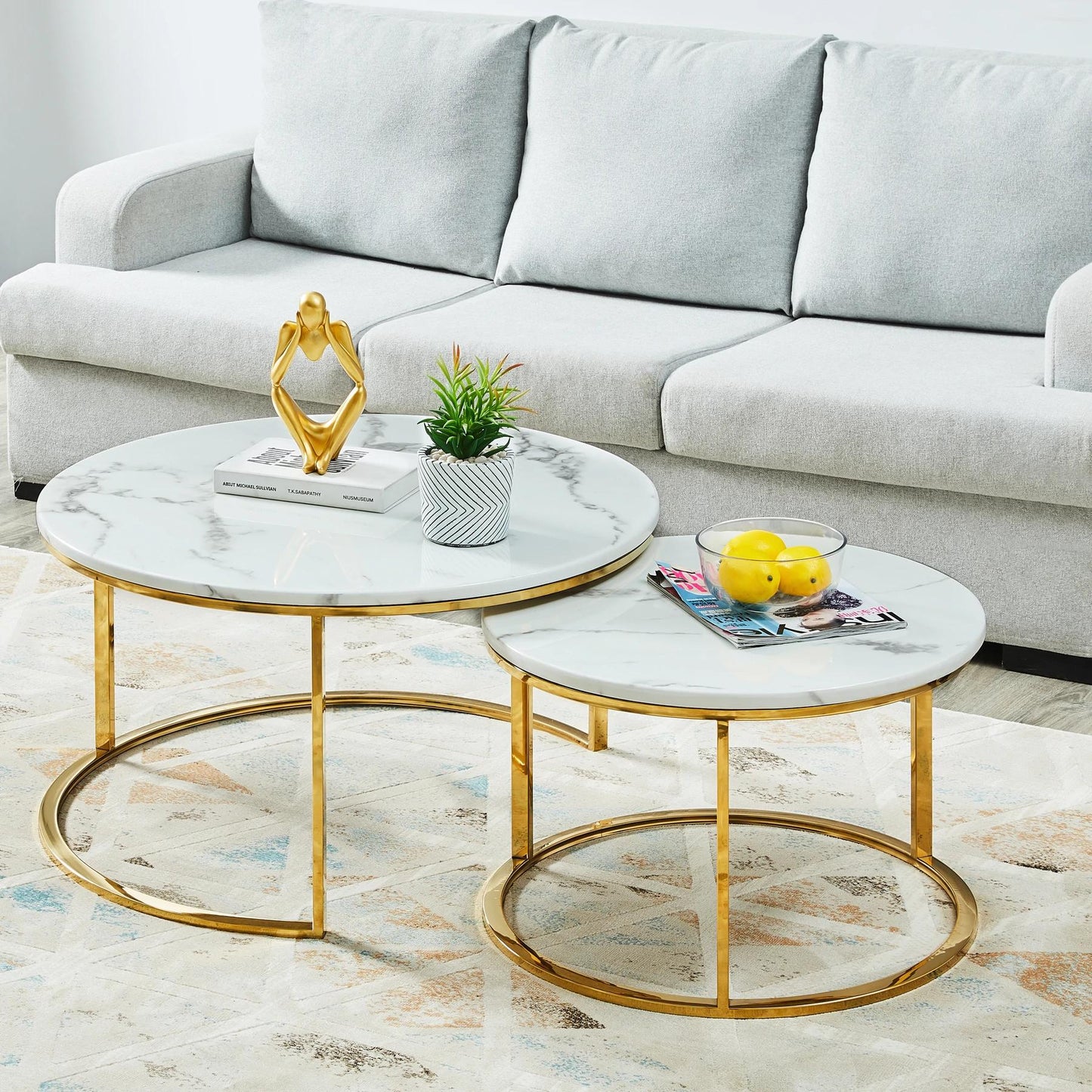 Gloria Mordern/Nesting/ Marble Coffee Table Set (Golden Coloured base)