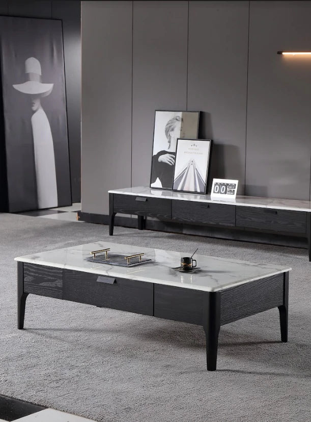 ACHER Mordern/ luxury Coffee Table-130cm White Marble Top/Wood legs./Industrial