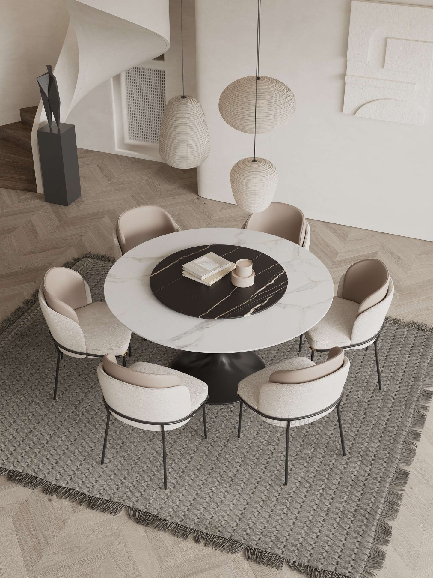 Solana White Sintered Stone Round Dining Table with Lazy Susan