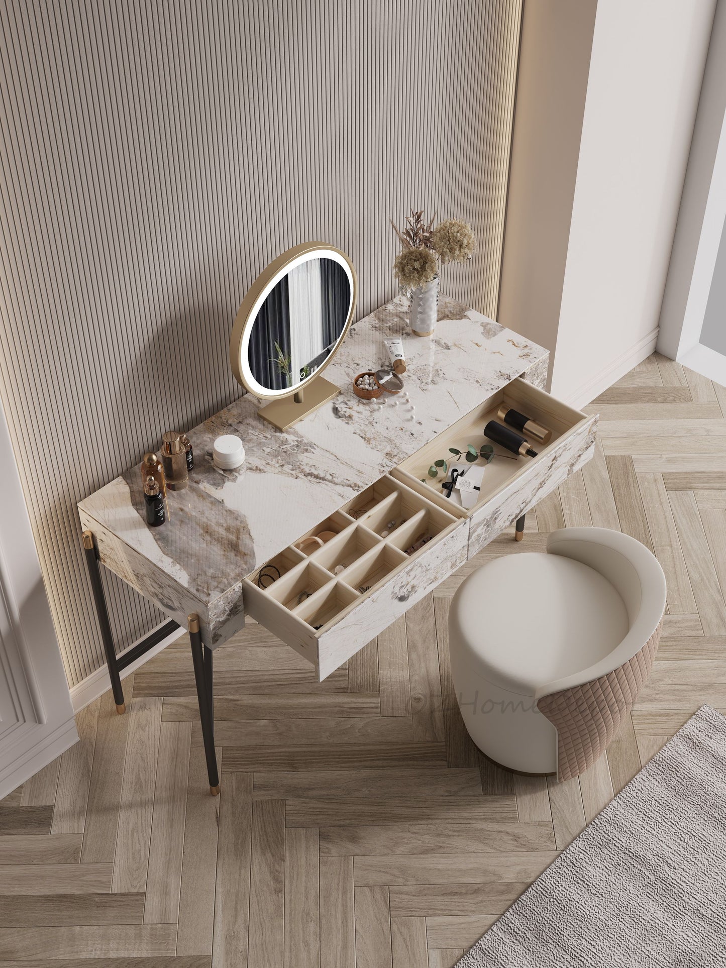 Arna Ceramic Vanity Table with Stool and LED Mirror/vanity table/Dressing Table with mirror and drawers