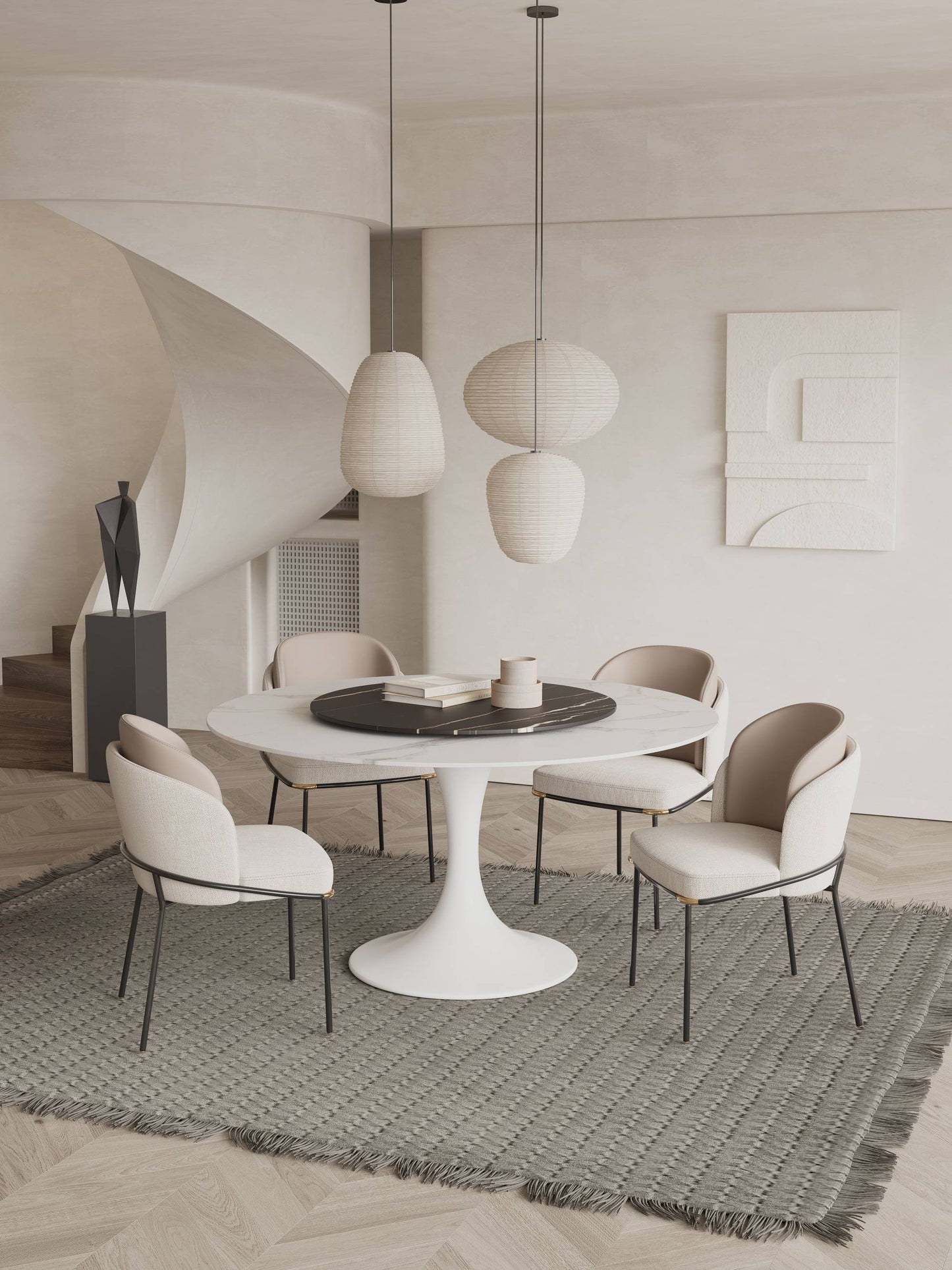 Solana White Sintered Stone Round Dining Table with Lazy Susan