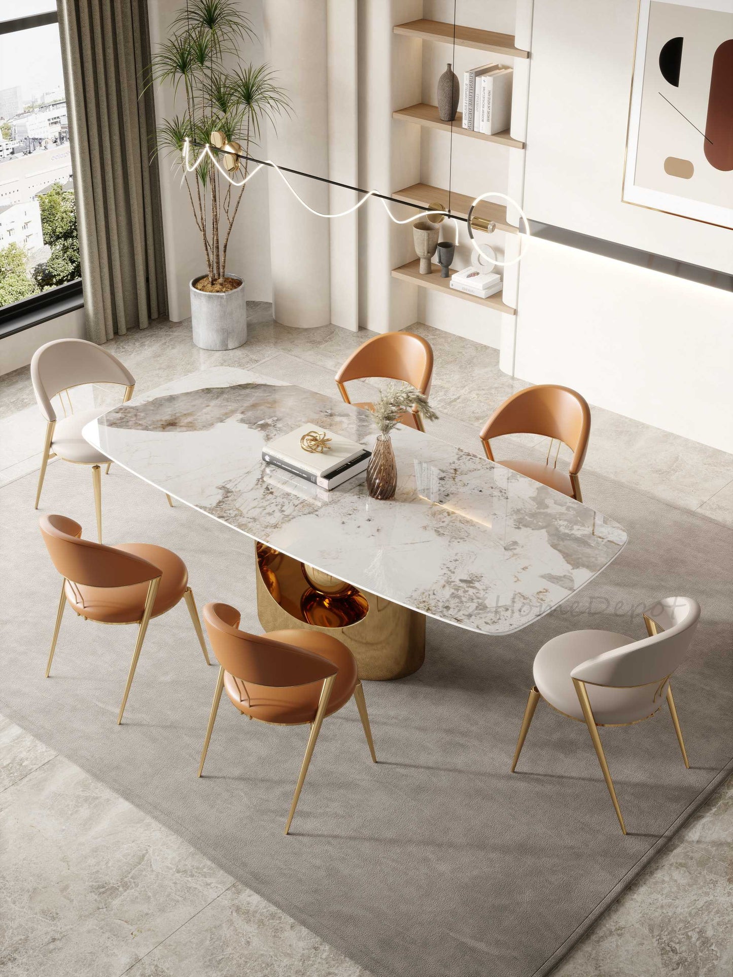 ANGLE EYE Chanel Marble Paint Sintered Stone Top  Long Dining Table with Chairs Set 9062