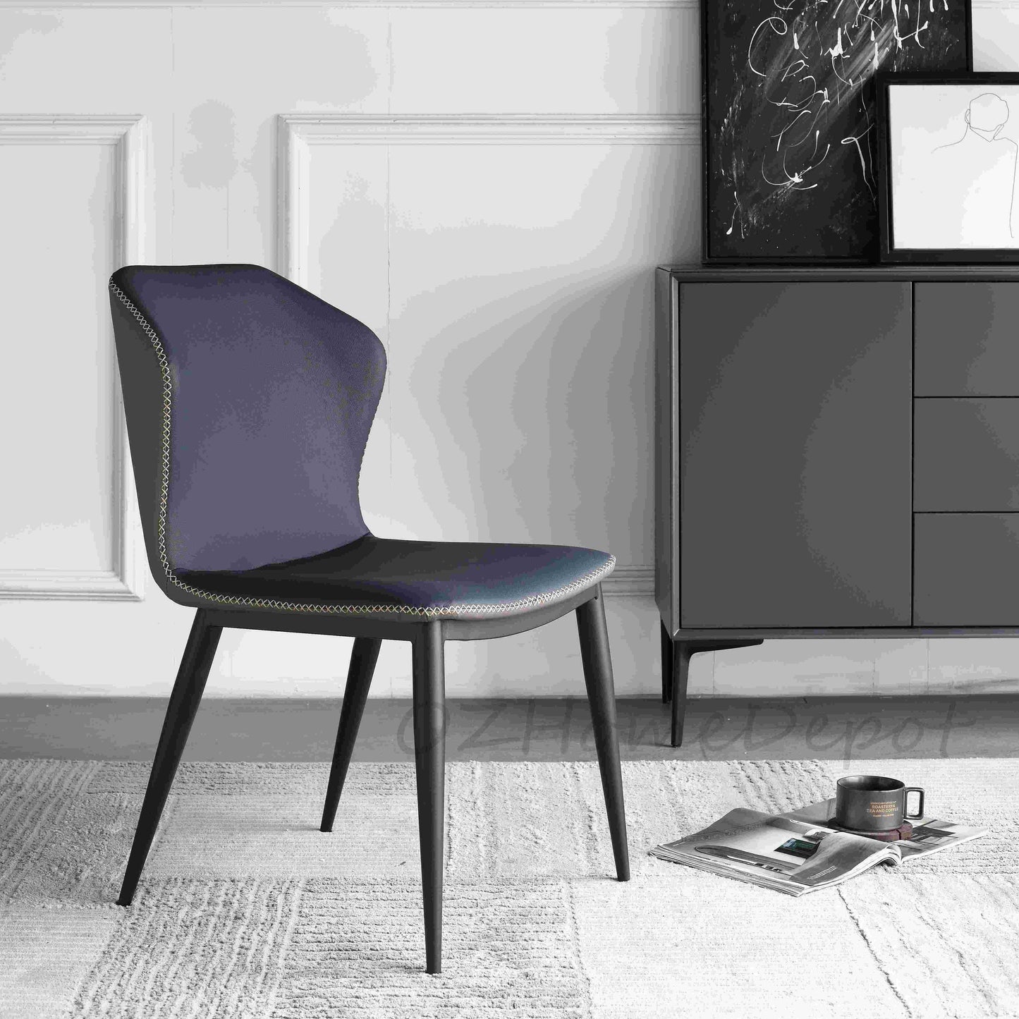 Lea Dining Chair /Steel legs/ PU leather/Minimalist/Dark Blue